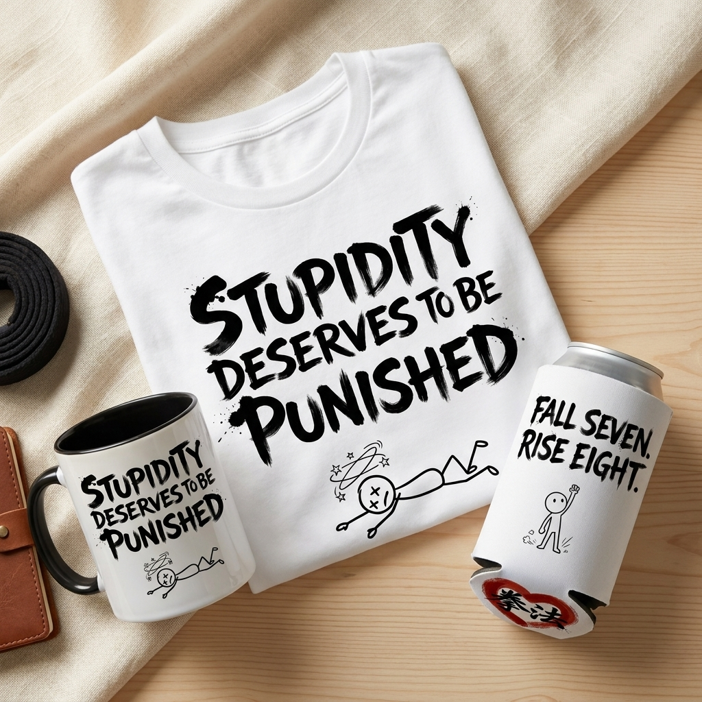 15% Discount - Stupidity Deserves To Be Punished Bundle | T-Shirt + Mug + Can Cooler | Fall Seven Rise Eight Back | Dual-Sided Martial Arts Sensei Gift Set
